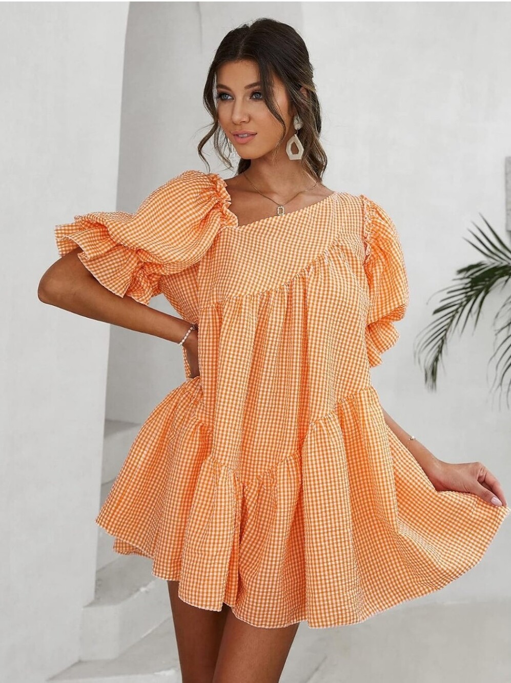 Neeno Women's Gingham Puff-Sleeve Mini Dress In Orange